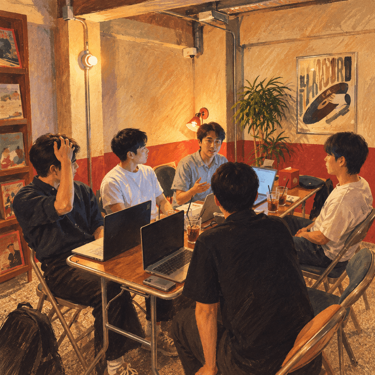 홍대의 한 공간에서 노트북을 펼쳐두고 이야기를 나누는 Mote 모임