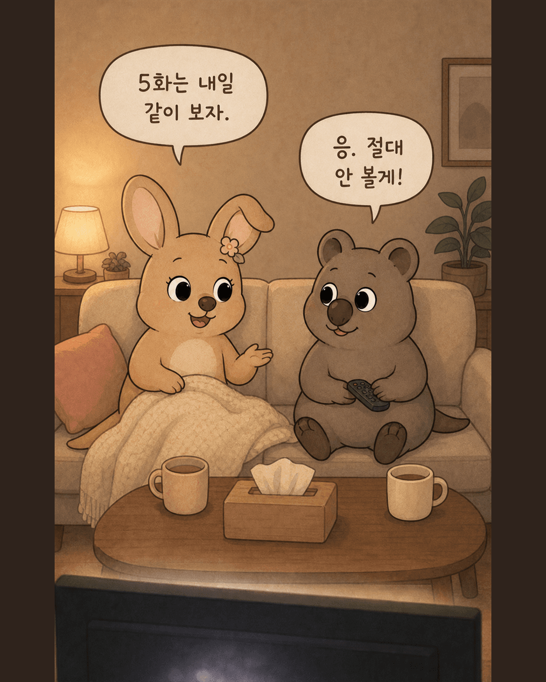 코카와 라비가 드라마 다음 화를 함께 보자고 약속하는 첫 장